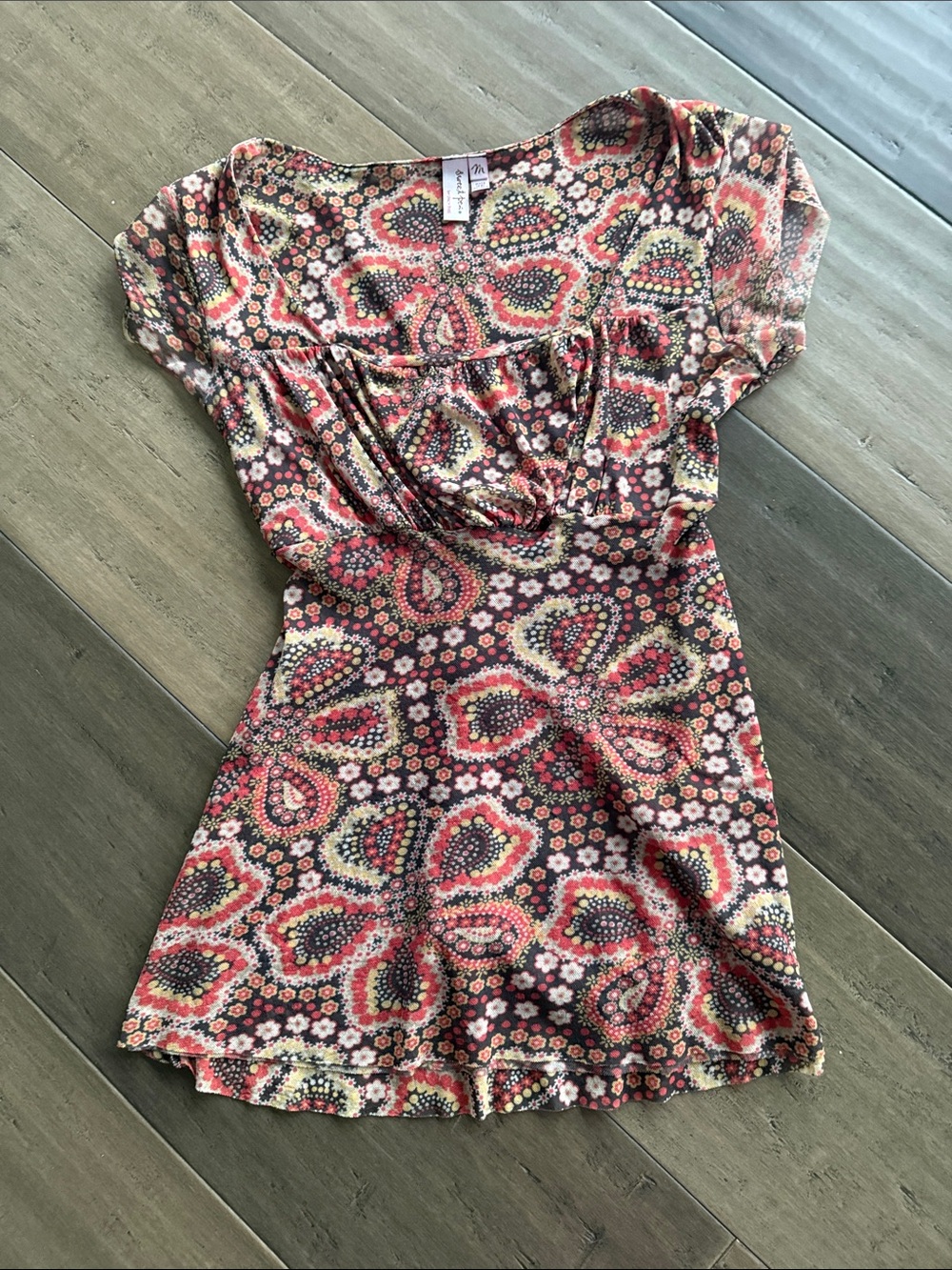 Maternity “Sweet Pea” Floral Paisley Short Sleeve Tunic — Coral, Cream & Brown